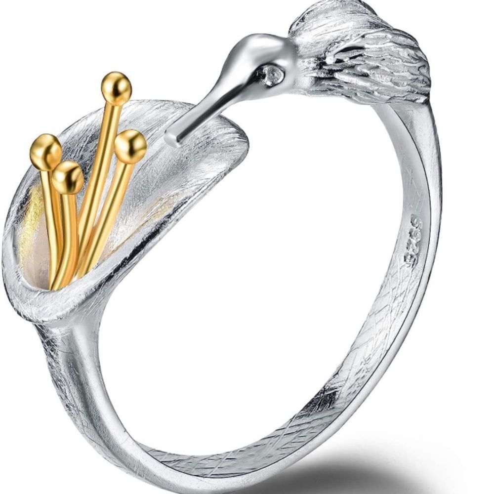 Elegant Silver Ring with Bird and Gold Details